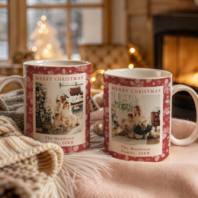 Rote Weihnachtskiefer & Blätter Muster Familienfot Kaffeetasse (Von Creator hochgeladen)