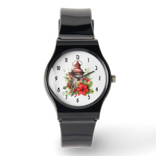 Rote Weihnachtslattern Poinsettia und Kiefer Armbanduhr