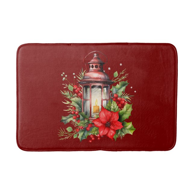 Rote Weihnachtslattern Poinsettia und Kiefer Badematte (Vorderseite)