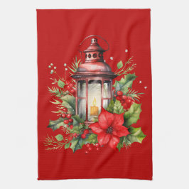 Rote Weihnachtslattern Poinsettia und Kiefer Geschirrtuch