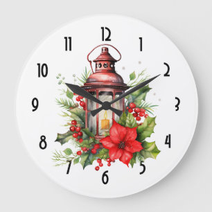 Rote Weihnachtslattern Poinsettia und Kiefer Große Wanduhr