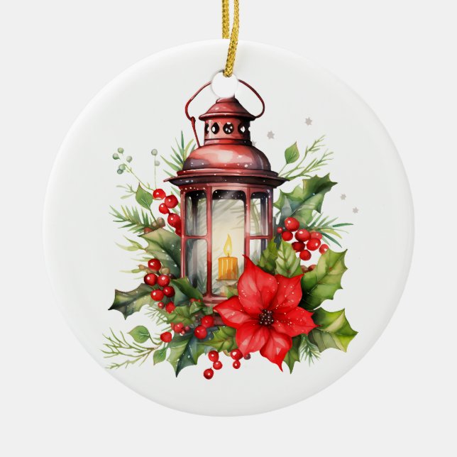 Rote Weihnachtslattern Poinsettia und Kiefer Keramik Ornament (Vorne)
