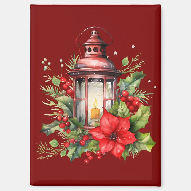 Rote Weihnachtslattern Poinsettia und Kiefer Magnet (Vorderseite)