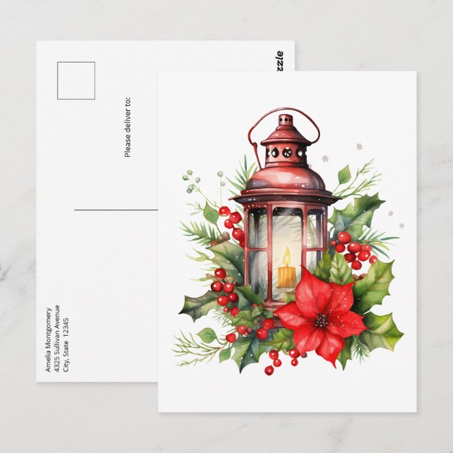 Rote Weihnachtslattern Poinsettia und Kiefer Postkarte (Vorne/Hinten)
