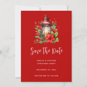 Rote Weihnachtslattern Poinsettia und Kiefer Save The Date