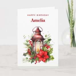 Rote Weihnachtslattern Poinsettia und Pine Birthda Karte