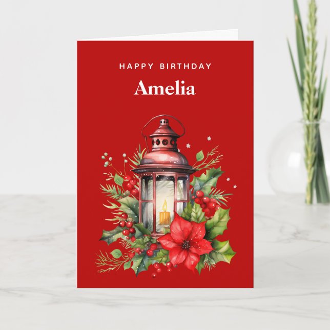 Rote Weihnachtslattern Poinsettia und Pine Birthda Karte (Vorderseite)