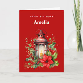 Rote Weihnachtslattern Poinsettia und Pine Birthda Karte