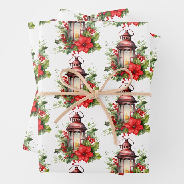 Rote Weihnachtslattern Poinsettia und Pine Pattern Geschenkpapier Set (Beispiel)