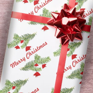 Rote Weihnachtsmann-Hut-Ornamente auf Kiefernzweig Geschenkpapier