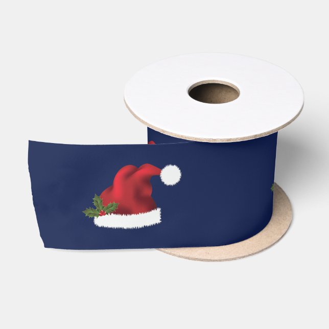 Rote Weihnachtsmannmütze mit Weihnachts-Holly auf  Satinband (Spule)