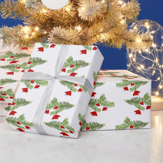Rote Weihnachtsmannmütze Ornamente Kiefernzweige W Geschenkpapier (Feiertage)
