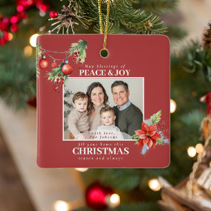 Rote Weihnachtsstern-Familienfoto Keramikornament