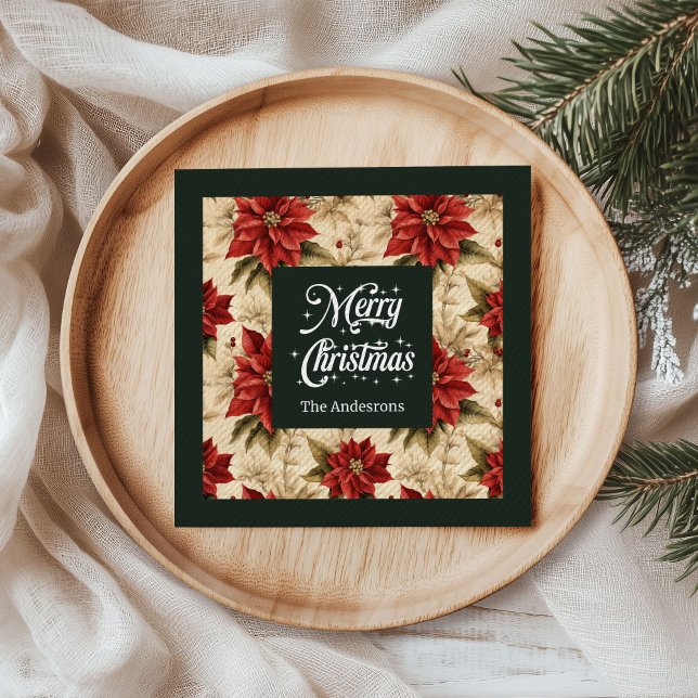 Rote Weihnachtsstern-Papier-Servietten im rustikal Serviette (Red Poinsettia Paper Napkins Rustic Holiday Look)