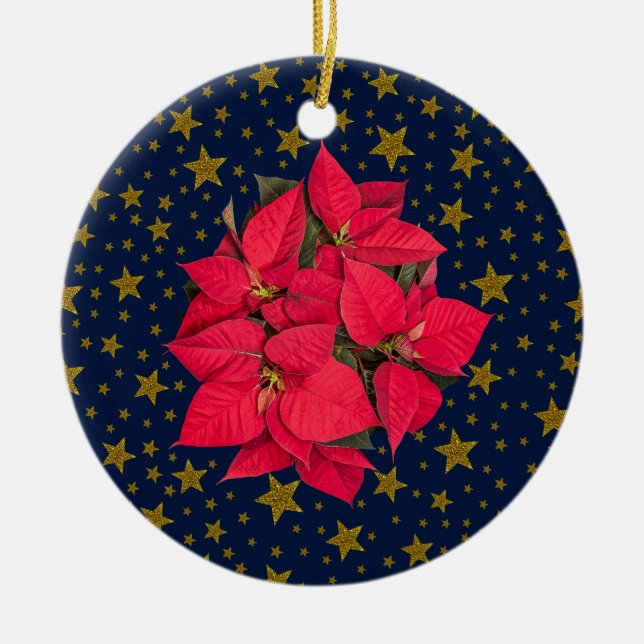 Rote Weihnachtssterne, funkelnd Goldsterne auf bla Keramikornament (Vorne)
