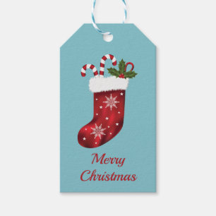 Rote Weihnachtsstrumpf auf Blau - Frohe Weihnachte Geschenkanhänger