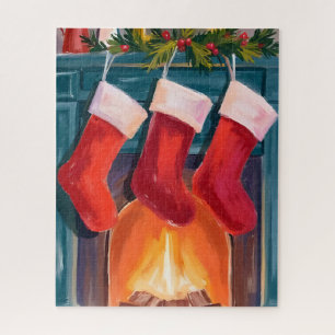 Rote Weihnachtsstrümpfe Kamin Aquarell