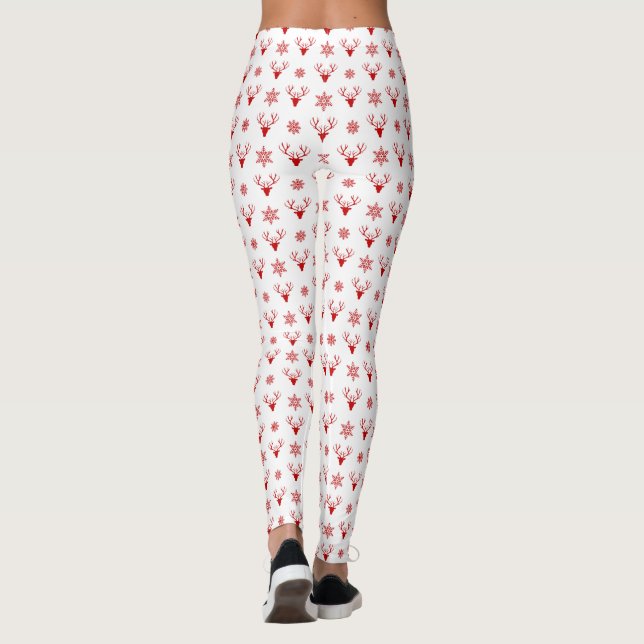 Rote Weihnachtswildköpfe mit Schneeflocken-Muster Leggings (Rückseite)