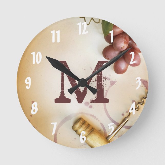 Rote Weintrauben Cork Monogramm erste Wall-Uhr Runde Wanduhr (Vorderseite)
