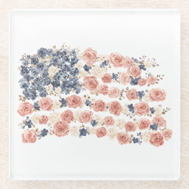 Rote Weiße Blaue Blumen Glasuntersetzer (Vorderseite)