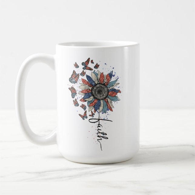 ROTE WEISSE BLAUE SONNENBLUME MIT SCHALTFLÄCHEN KAFFEETASSE (Links)