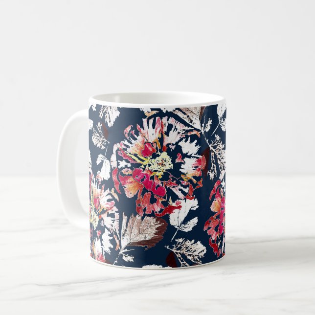 Rote, weiße Blume auf blau. Kaffeetasse (Vorderseite Links)