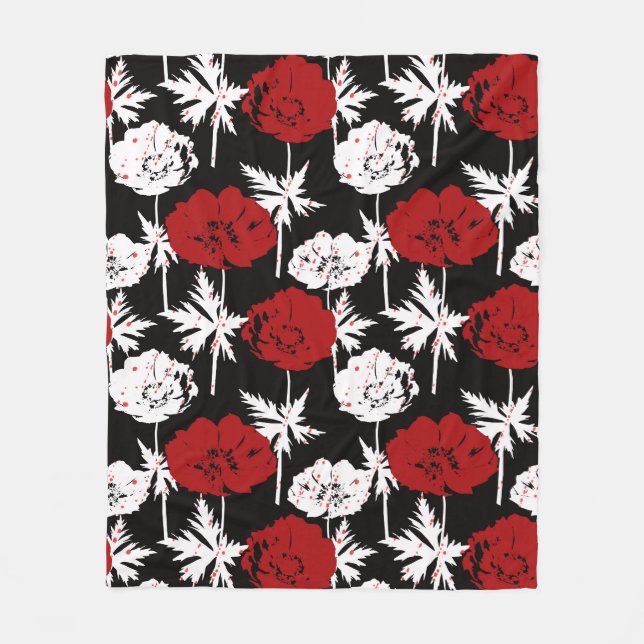 Rote, weiße Blume auf schwarz Fleecedecke (Vorderseite)