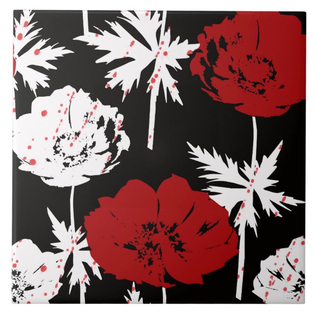 Rote, weiße Blume auf schwarz. Fliese (Vorderseite)