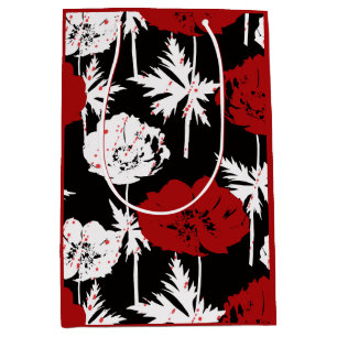 Rote, weiße Blume auf schwarz. Mittlere Geschenktüte