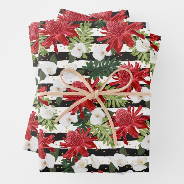Rote weiße Blume auf Schwarz-weißen Streifen Punkt Geschenkpapier Set (Beispiel)