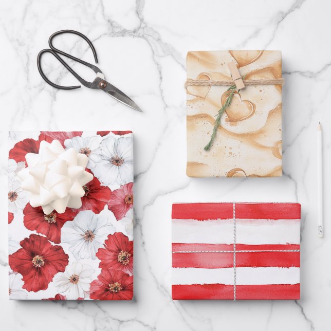 Rote weiße Blume Herz Brautparty Geschenkpapier Set (Vorderseite)