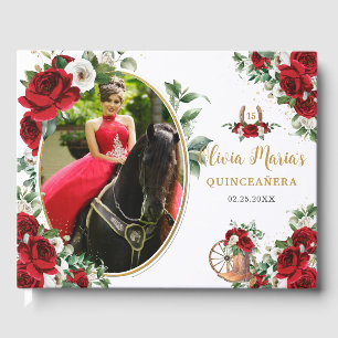 Rote weiße Blumen-Charro-Stiefel Quinceanera-Foto Gästebuch