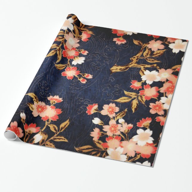 ROTE WEISSE BLUMEN, TIEFE BLUE FLORAL GESCHENKPAPIER (Ungerollt)
