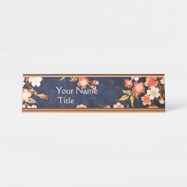 ROTE WEISSE BLUMEN, TIEFE BLUE FLORAL SCHREIBTISCHNAMENSPLAKETTE (Vorderseite )
