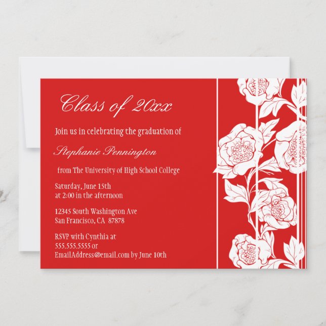 Rote weiße BlumenAbschluss-Partymitteilung Einladung (Vorderseite)