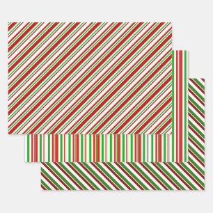 Rote, weiße, grüne, farbige Weihnachtsstreifen Geschenkpapier Set