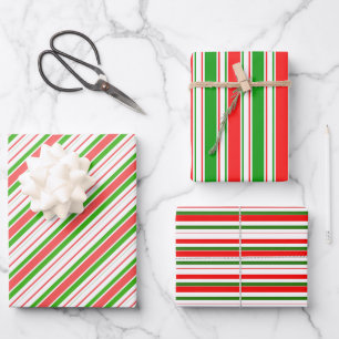 Rote, weiße, grüne, farbige Weihnachtsstreifen Geschenkpapier Set