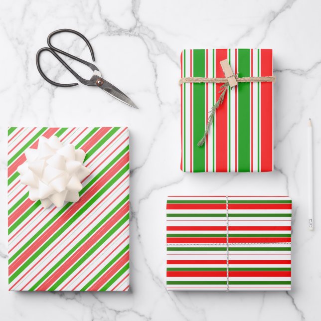 Rote, weiße, grüne, farbige Weihnachtsstreifen Geschenkpapier Set (Vorderseite)