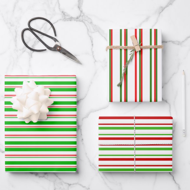 Rote, weiße, grüne, farbige Weihnachtsstreifen Geschenkpapier Set (Vorderseite)