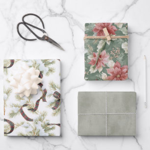 Rote Weiße Grüne Schleifen Florale Weihnachten Geschenkpapier Set