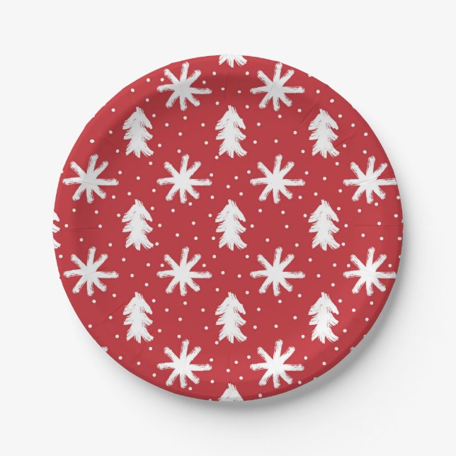 Rote weiße Hand gezeichnete Weihnachtsbaumschneefl Pappteller (Vorderseite)