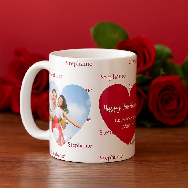 Rote weiße Herzen Foto Name Valentinstag Kaffeetasse (Von Creator hochgeladen)