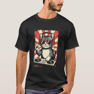 Rote Weiße Katze DJ auf Plattenspielern EDM Synthe T-Shirt