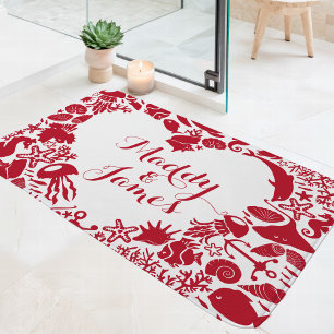 Rote & Weiße Meerestiere Paare Herz Monogramm Badematte