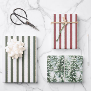Rote Weiße Oliven Grüne Streifen Weihnachtsbäume Geschenkpapier Set