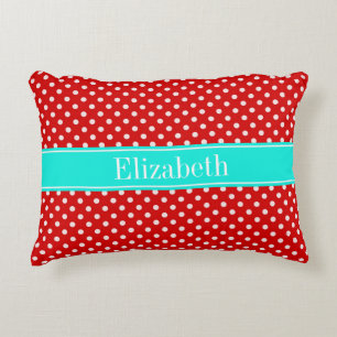 Rote Weiße Polka Punkte Helle Aqua Band Monogramm Zierkissen