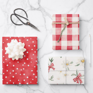 Rote Weiße Punkte Gänseblümchen Blumen Kariert Geb Geschenkpapier Set