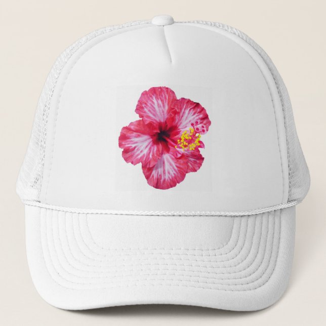 rote weiße rosa Hibiskusaloha Blume Truckerkappe (Vorderseite)