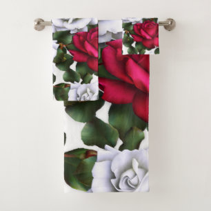 Rote & Weiße Rosen Shabby Chic Rustikaler Moderner Badhandtuch Set