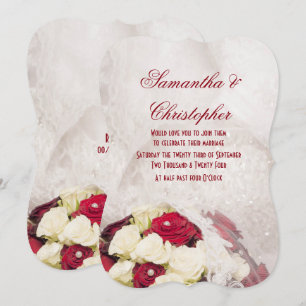 Rote weiße Rosenblumenstrauß- und -kleiderhochzeit Einladung